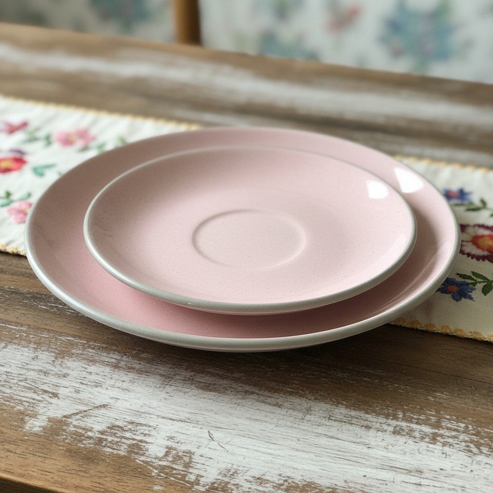 Harkerware Shell Pink Stoneware, Salad Plate & Saucer Vtg Mid-Century Dinnerware